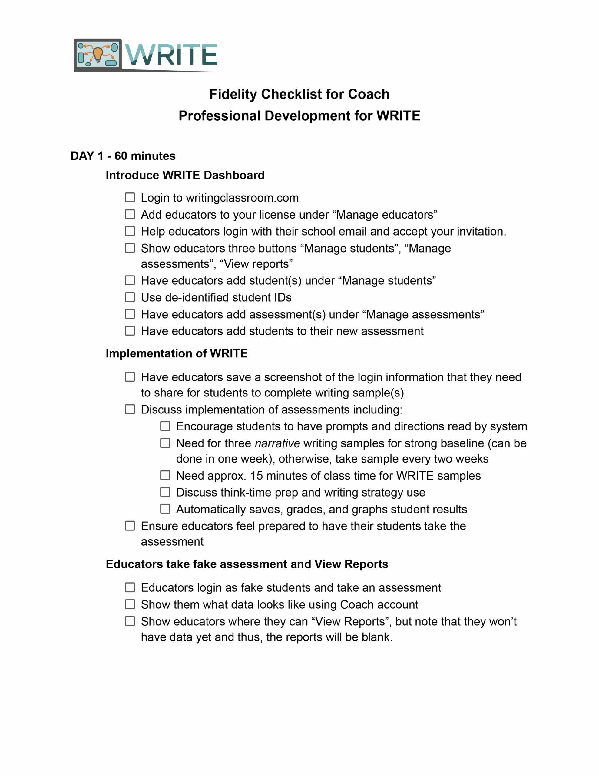 Fidelity Checklist for Coach Use of WRITE checkable