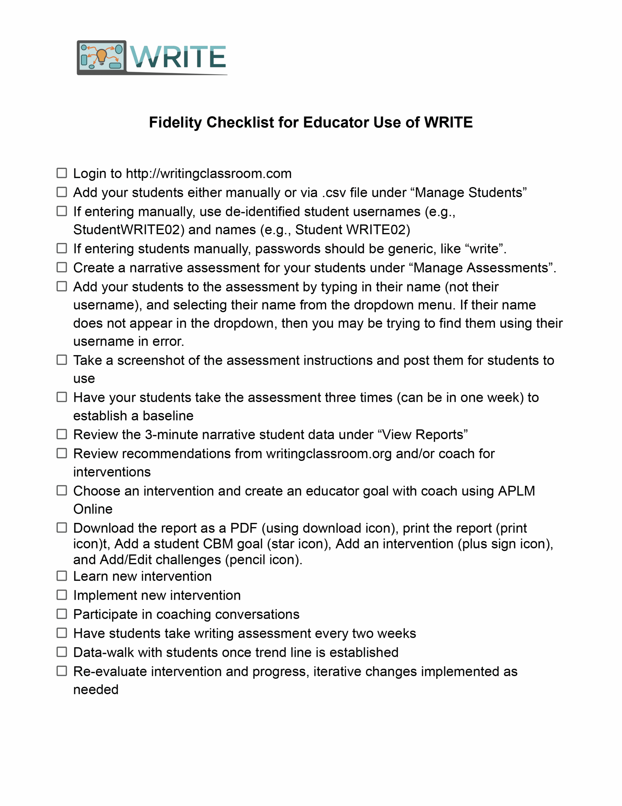 Fidelity Checklist for Educator Use of WRITE checkable